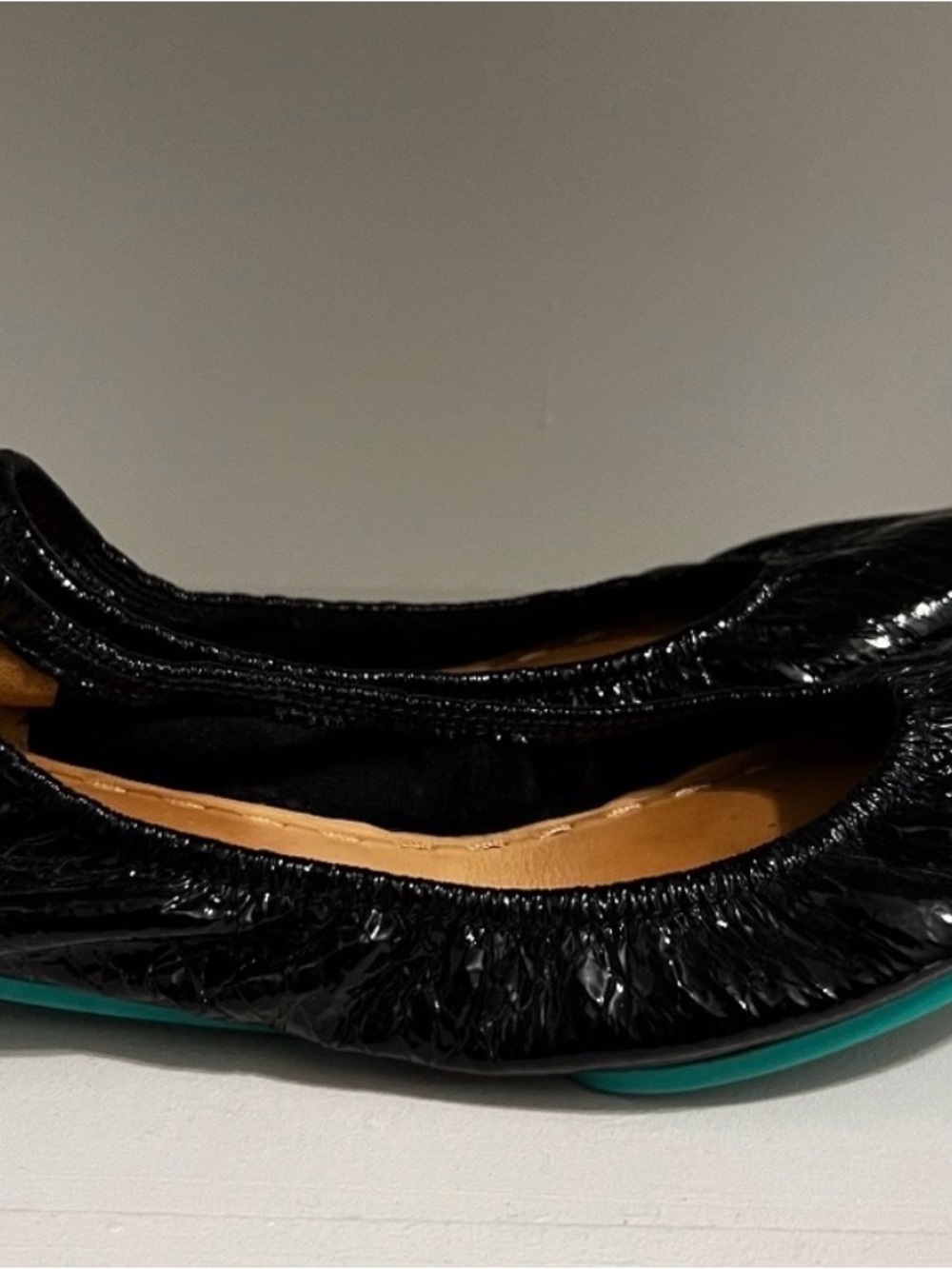 Tieks Black Patent Ballet Flats with Teal Sole